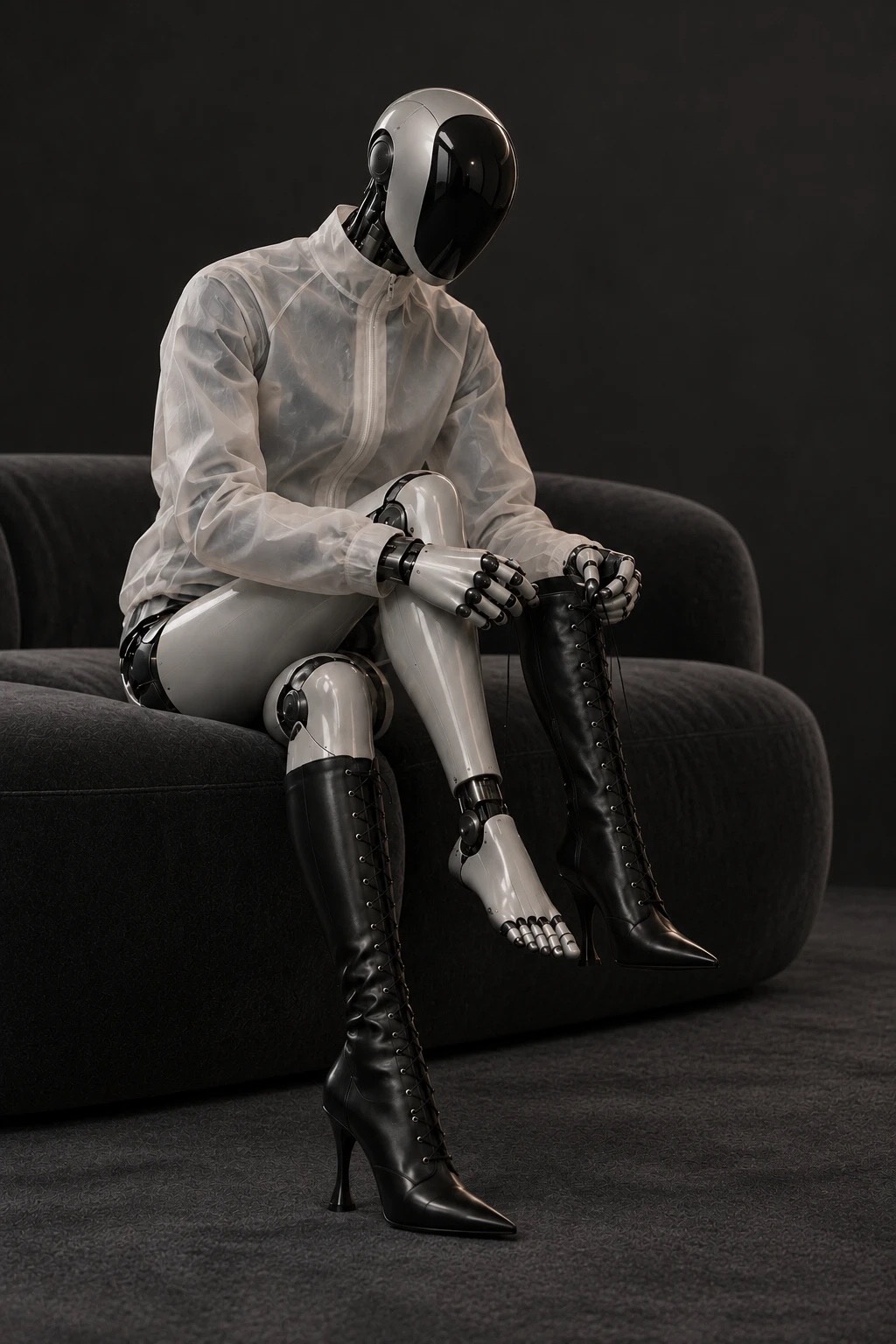 LOOMX: a humanoid robot in a sheer white jacket sits on a dark sofa, lacing up black heeled boots