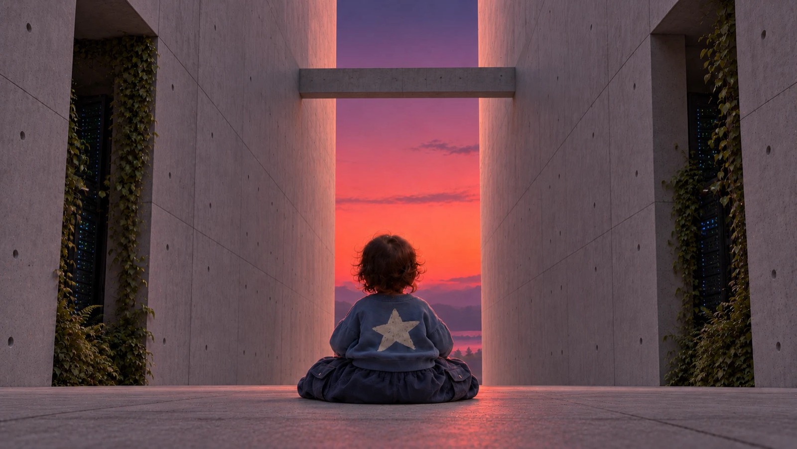 LUNA 2045: a child sits between tall concrete walls, facing a violet and orange sunset